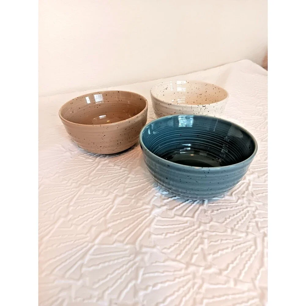 Sango China Artist’s Blend Stoneware Bowls Set of 3 Speckled Blue Tan Cream